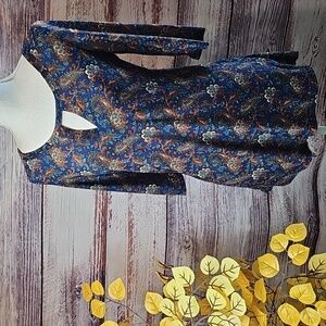 MICHAEL F BLUE PAISLEY PRINT 3/4 SLEEVE PULLOVER TUNIC TOP